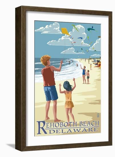 Rehoboth Beach, Delaware - Kite Flyers-Lantern Press-Framed Art Print