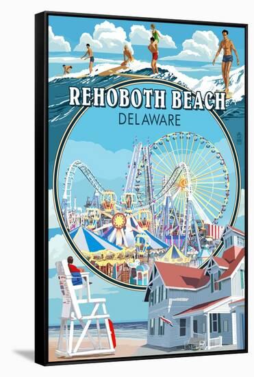 Rehoboth Beach, Delaware - Montage-Lantern Press-Framed Stretched Canvas