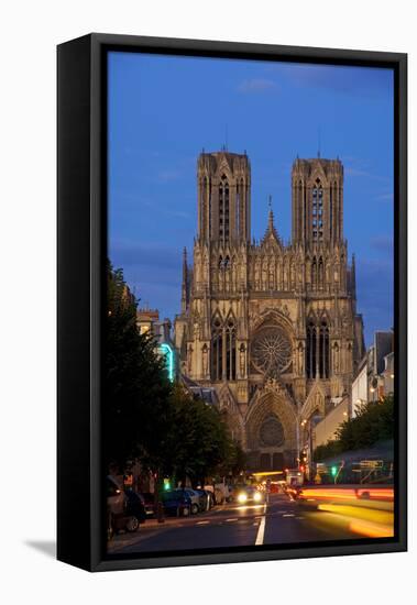 Reims Cathedral at dusk in Champagne France-Charles Bowman-Framed Stretched Canvas