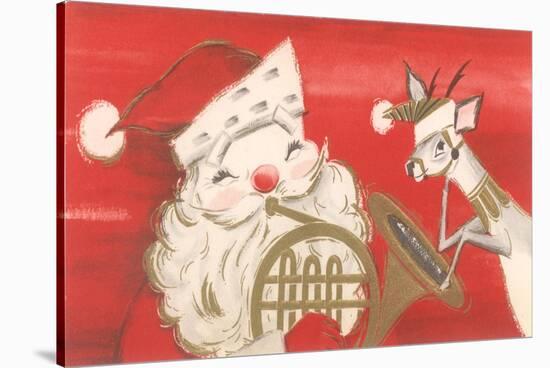 Reindeer, Santa with French Horn-null-Stretched Canvas