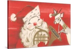 Reindeer, Santa with French Horn-null-Stretched Canvas