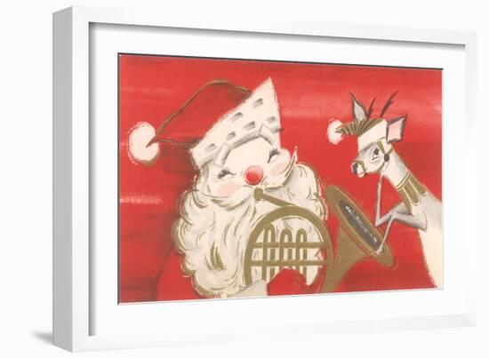 Reindeer, Santa with French Horn-null-Framed Art Print