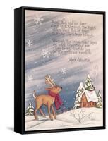 Reindeer Wearing Scarf in Front of Snow Covered Home with a Mark Johnston Poem Above-Beverly Johnston-Framed Stretched Canvas