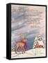 Reindeer Wearing Scarf in Front of Snow Covered Home with a Mark Johnston Poem Above-Beverly Johnston-Framed Stretched Canvas