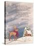 Reindeer Wearing Scarf in Front of Snow Covered Home with a Mark Johnston Poem Above-Beverly Johnston-Stretched Canvas