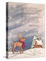 Reindeer Wearing Scarf in Front of Snow Covered Home with a Mark Johnston Poem Above-Beverly Johnston-Stretched Canvas