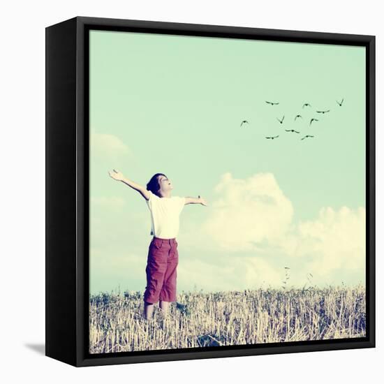 Relaxed Boy Breathing Fresh Air on a Meadow with Birds Flying in Background Sky-zurijeta-Framed Stretched Canvas