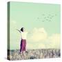 Relaxed Boy Breathing Fresh Air on a Meadow with Birds Flying in Background Sky-zurijeta-Stretched Canvas