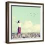 Relaxed Boy Breathing Fresh Air on a Meadow with Birds Flying in Background Sky-zurijeta-Framed Photographic Print