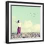 Relaxed Boy Breathing Fresh Air on a Meadow with Birds Flying in Background Sky-zurijeta-Framed Photographic Print