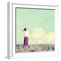 Relaxed Boy Breathing Fresh Air on a Meadow with Birds Flying in Background Sky-zurijeta-Framed Photographic Print