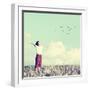 Relaxed Boy Breathing Fresh Air on a Meadow with Birds Flying in Background Sky-zurijeta-Framed Photographic Print