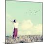 Relaxed Boy Breathing Fresh Air on a Meadow with Birds Flying in Background Sky-zurijeta-Mounted Photographic Print