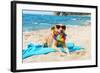 Relaxing Dog At The Beach With Flowers Garland-Ivonnewierink-Framed Photographic Print