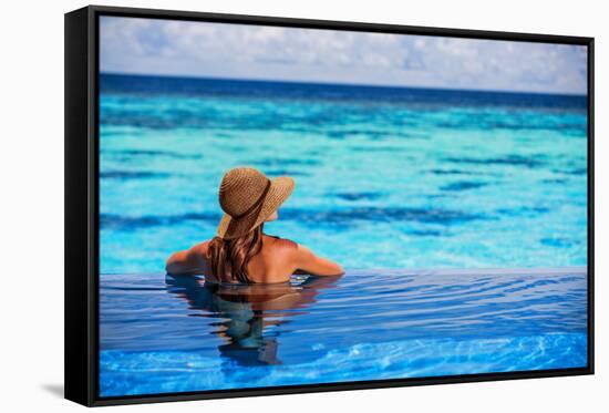 Relaxing on Beach Resort, Back Side of Sexy Woman Enjoying Seascape from Endless Pool, Luxury Summe-Anna Omelchenko-Framed Stretched Canvas