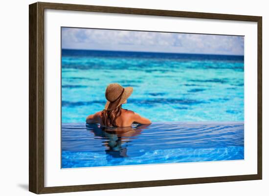 Relaxing on Beach Resort, Back Side of Sexy Woman Enjoying Seascape from Endless Pool, Luxury Summe-Anna Omelchenko-Framed Photographic Print