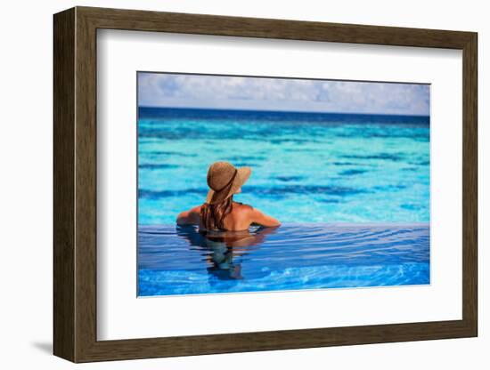 Relaxing on Beach Resort, Back Side of Sexy Woman Enjoying Seascape from Endless Pool, Luxury Summe-Anna Omelchenko-Framed Photographic Print