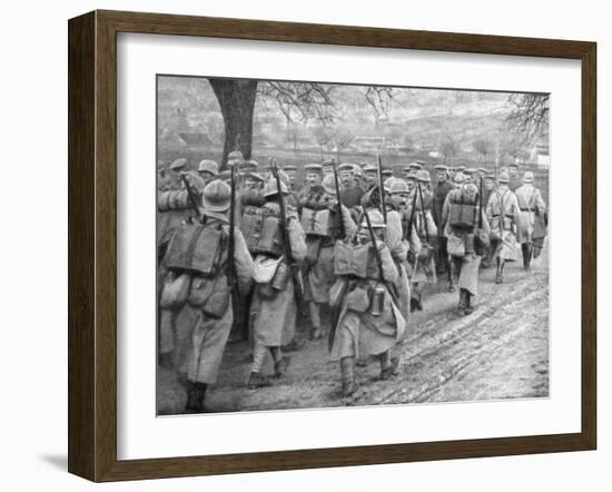 Relief French Infantry Passing a Line of Prisoners, Plessis-De-Roye, Picardy, France, 30 March 1918-null-Framed Giclee Print
