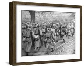 Relief French Infantry Passing a Line of Prisoners, Plessis-De-Roye, Picardy, France, 30 March 1918-null-Framed Giclee Print