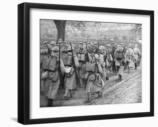 Relief French Infantry Passing a Line of Prisoners, Plessis-De-Roye, Picardy, France, 30 March 1918-null-Framed Giclee Print