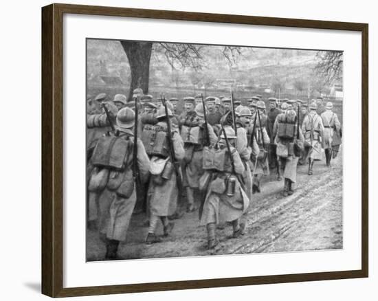 Relief French Infantry Passing a Line of Prisoners, Plessis-De-Roye, Picardy, France, 30 March 1918-null-Framed Giclee Print