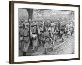 Relief French Infantry Passing a Line of Prisoners, Plessis-De-Roye, Picardy, France, 30 March 1918-null-Framed Giclee Print