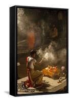 Religious Ceremony at Ganges River, Varanasi, India-Ali Kabas-Framed Stretched Canvas