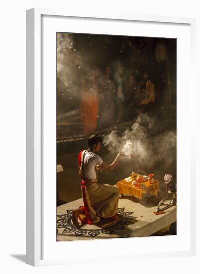 Religious Ceremony at Ganges River, Varanasi, India-Ali Kabas-Framed Photographic Print