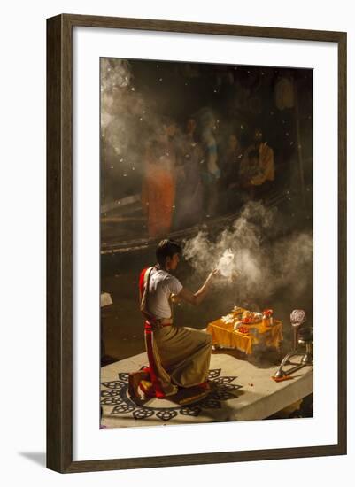 Religious Ceremony at Ganges River, Varanasi, India-Ali Kabas-Framed Photographic Print
