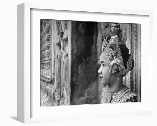 Religious Dancer at Temple of Angkor Wat, Wearing Richly Embroidered and Ornamented Costumes-Eliot Elisofon-Framed Photographic Print