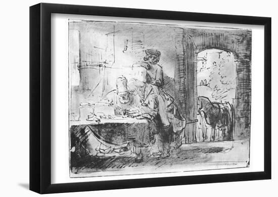 Rembrandt Harmensz. van Rijn (School) (The prodigal son leaves his inheritance to pay off) Art Post-null-Framed Poster