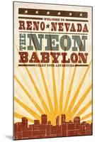 Reno, Nevada - Skyline and Sunburst Screenprint Style-Lantern Press-Mounted Art Print