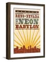 Reno, Nevada - Skyline and Sunburst Screenprint Style-Lantern Press-Framed Art Print