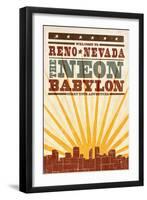 Reno, Nevada - Skyline and Sunburst Screenprint Style-Lantern Press-Framed Art Print