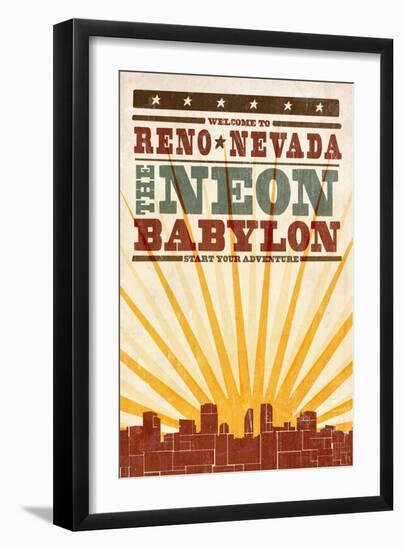 Reno, Nevada - Skyline and Sunburst Screenprint Style-Lantern Press-Framed Art Print