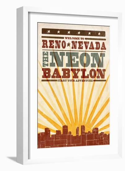 Reno, Nevada - Skyline and Sunburst Screenprint Style-Lantern Press-Framed Art Print