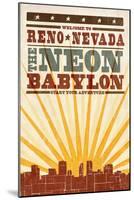 Reno, Nevada - Skyline and Sunburst Screenprint Style-Lantern Press-Mounted Art Print