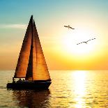Yacht Sailing against Sunset. Holiday Lifestyle Landscape with Skyline Sailboat and Two Seagull. Ya-Repina Valeriya-Stretched Canvas