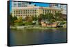 Replica of Columbus' ship the Santa Maria on Scioto River, Columbus Ohio skyline in autumn-null-Framed Stretched Canvas