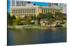 Replica of Columbus' ship the Santa Maria on Scioto River, Columbus Ohio skyline in autumn-null-Stretched Canvas