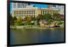 Replica of Columbus' ship the Santa Maria on Scioto River, Columbus Ohio skyline in autumn-null-Framed Photographic Print