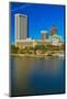 Replica of Columbus' ship the Santa Maria on Scioto River, Columbus Ohio skyline in autumn-null-Mounted Photographic Print