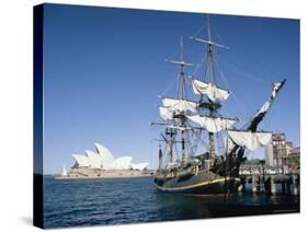 Replica of H.M.S. Bounty and Sydney Opera House, Sydney, New South Wales (N.S.W.), Australia-Amanda Hall-Stretched Canvas