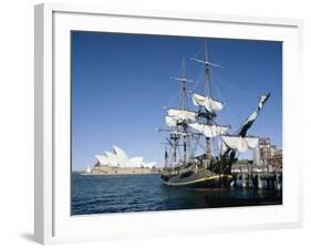 Replica of H.M.S. Bounty and Sydney Opera House, Sydney, New South Wales (N.S.W.), Australia-Amanda Hall-Framed Photographic Print