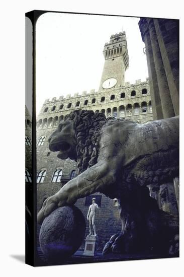 Replica of the David under Belly of Roman Lion in Piazza Della Signoria, Florence-Michelangelo Buonarroti-Stretched Canvas