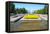 Republic Square Park, water spraying from fountain, Almaty, Kazakhstan, Central Asia, Asia-G&M Therin-Weise-Framed Stretched Canvas