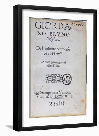 Res 28610 Title Page of 'De L'Infinito Universo Et Mondi' by Giordano Bruno, Published in London-English School-Framed Giclee Print