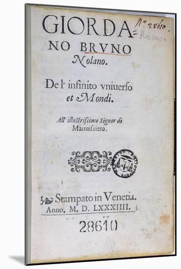 Res 28610 Title Page of 'De L'Infinito Universo Et Mondi' by Giordano Bruno, Published in London-English School-Mounted Giclee Print