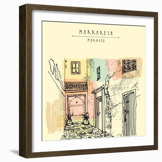 Residential Courtyard in Marrakesh, Morocco, Northern Africa. Exterior in Ethnic Style. Travel Sket-babayuka-Framed Art Print