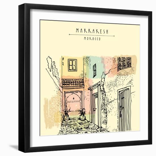 Residential Courtyard in Marrakesh, Morocco, Northern Africa. Exterior in Ethnic Style. Travel Sket-babayuka-Framed Art Print